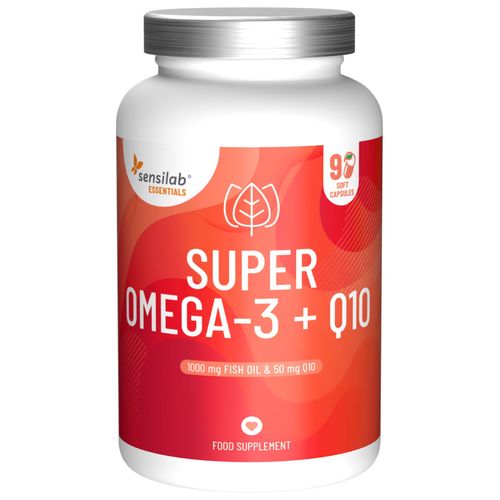 Essentials Super Omega-3 + Q10. 90 kapslí. 1000 mg vysoce kvalitního rybího tuku (280 mg EPA, 190 mg DHA) a 50 mg koenzymu Q10 | Sensilab